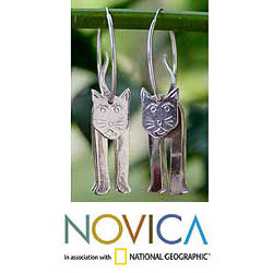 Sterling Silver 'Kitty Cat Chic' Dangle Earrings (Thailand)