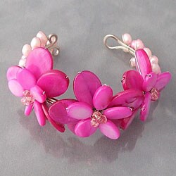 Pink Mother of Pearl and Pearl Flower Cuff Bracelet (Thailand)