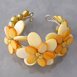 Yellow Mother of Pearl and Pearl Flower Cuff Bracelet (Thailand)