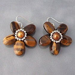Sterling Silver Tiger's Eye and Pearl Flower Earrings (Thailand)