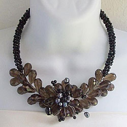 Smokey Quartz, Black Onyx and Black Freshwater Pearl Necklace (Thailand)