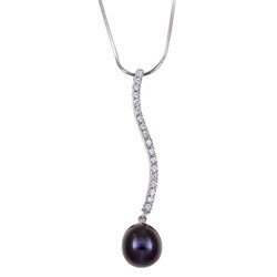 Sterling Silver Cubic Zirconia and Black Pearl Necklace (9.5-10mm)