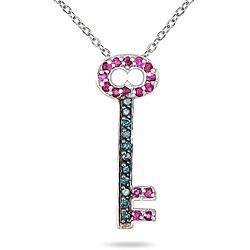 10k White Gold Ruby and Blue Diamond Key Necklace (Blue, I1-I2)