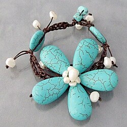 Cotton Turquoise and Pearl Flower Bracelet (3-6mm) (Turquoise)