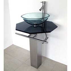 Brushed Stainless Steel Pedestal and Black Glass Countertop and Faucet Vanity