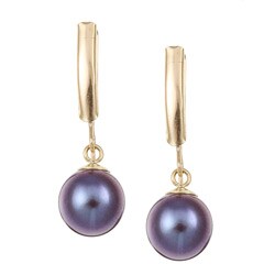 14k Yellow Gold Black Akoya Pearl Dangle Earrings (8-9 mm)