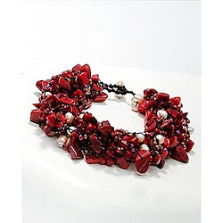 Cotton Rope Red Coral, Crystal, and Pearl Bracelet (3-5mm) (Thailand)