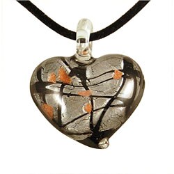 Murano-style Glass Black and Silver Art Deco Heart Pendant
