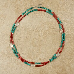 Turquoise and Red Bamboo Coral Long Necklace (China)
