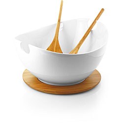 White Porcelain Salad Bowl On Bamboo Tray with Serving Utensils by Danya B