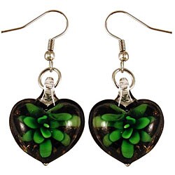 Murano-stlye Glass Black and Green Flower Heart Earrings