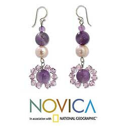 Silver 'Oriental Bloom' Pearl and Amethyst Earrings (8 mm) (Thailand)