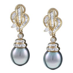 18k Yellow Gold Tahitian Pearl and 1 1/4ct TDW Diamond Earrings (11-12mm) (G-H, I2-I3)