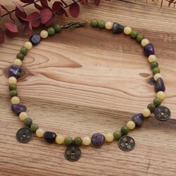 Brass-plated 'Orient Express' Jade and Amethyst Necklace