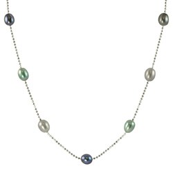 Sterling Silver Black Teal and Gray Freshwater Pearl Necklace (7-7.5 mm)