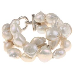 Nanni Silver White 3-strand Freshwater Baroque Pearl Bracelet (16-18mm)