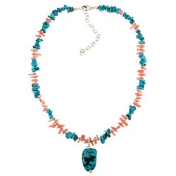 Southwest Moon Sterling Silver Turquoise and Pink Coral Necklace