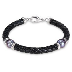 Silvertone Freshwater Black Pearl and Brown Leather Bracelet (9-10mm)