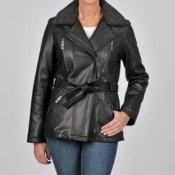 Tibor Women's Plus Size Belted Sherpa Collar Leather Jacket