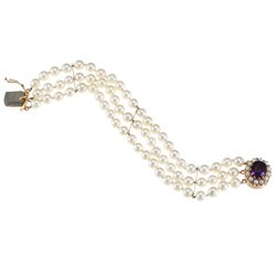 14k Yellow Gold Amethyst and FW Pearl 3-row Estate Bracelet (5.5 mm)