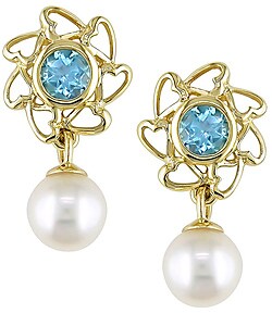 10k Gold Akoya Pearl and Blue Topaz Earrings