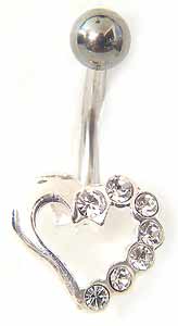 Stainless Steel Jeweled Heart Barbell Belly Ring