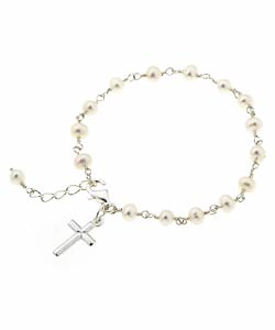 Sterling Silver Pearl Children's Cross Bracelet (4 mm)