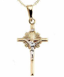 10k Two-tone Gold Sunburst Crucifix with Chain