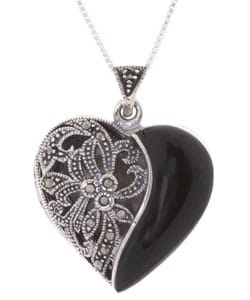 Silver Marcasite and Onyx Locket Heart Pendant