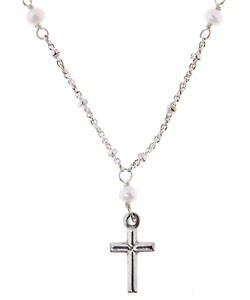 Sterling Silver Cross with Silver & Pearl Chain Necklace