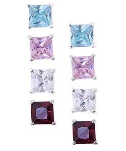 Sterling Silver Princess CZ Stud Earring Set (4 Pair)