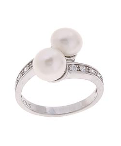Sterling Silver By-pass Freshwater Cultured Pearl CZ Ring