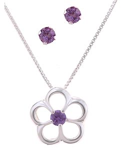 Silver Purple CZ Earring and Flower Pendant Set