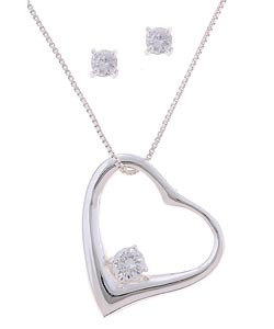 Sterling Silver CZ Earring and Heart Pendant Set