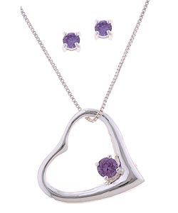 Silver Purple CZ Earring and Heart Pendant Set