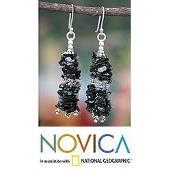 Sterling Silver 'Rejoice' Obsidian Waterfall Earrings (India)