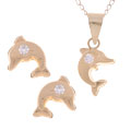 14k Gold CZ Child's Dolphin Pendant and Earrings