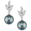 14k Gold, Diamond, Cultured Black Tahitian Pearl Earrings (9-10mm)