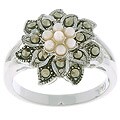Sterling Silver Marcasite Floral Pearl Ring