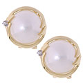 14k Gold Cultured Mabe Pearl Wave Diamond Earrings