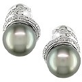 14k Gold Black Pearl and Diamond Earrings H-I-J, I1-I2 (10-11mm)