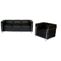 LC Black Leather Sofa & Chair Set