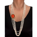 14k Gold Coral Cameo & Cultured Pearl Necklace