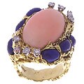 18k Gold Coral, Lapis, and Diamond Ring