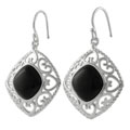 Sterling Silver Onyx Heart Filigree Hook Earrings