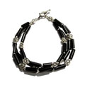 Black Agate Silver Floral Bead Bracelet