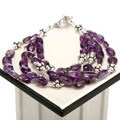 Silver Beaded Three Strand Amethyst Bracelet