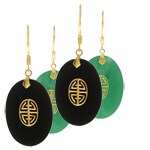 14k Yellow Gold Onyx/ Jade Long Life Earrings