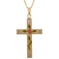 Engraved Cross with Pink Rose & Green Leaf Pendant