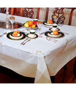 Embroidered Floral Design Beige Tablecloth